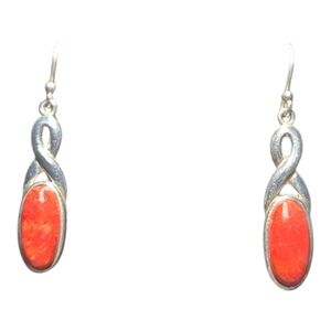 Red coral rhodium sterling silver dangle earrings